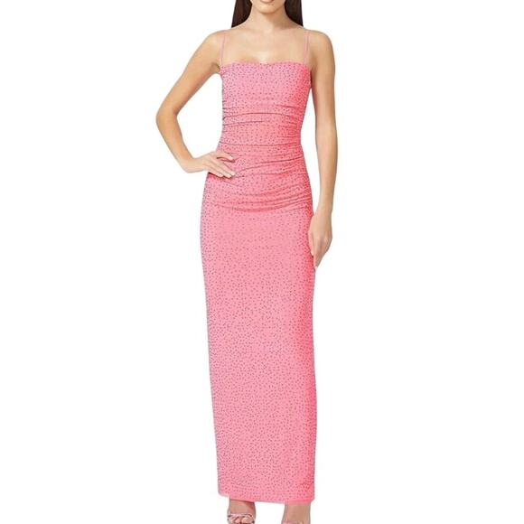 New AFRM x Revolve Jennan Maxi Long Dress Knockout Pink Rhinestone Ruched Size M - Picture 1 of 13